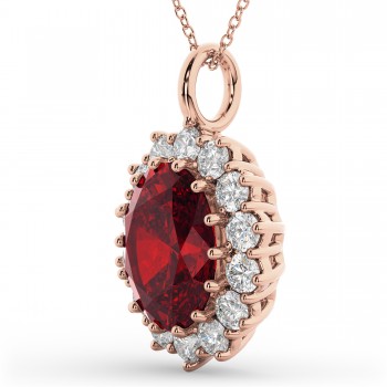 Oval Ruby & Diamond Halo Pendant Necklace 14k Rose Gold (6.40ct)