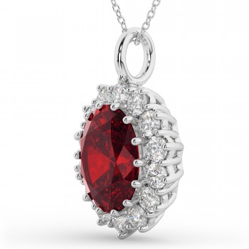 Oval Ruby & Diamond Halo Pendant Necklace 14k White Gold (6.40ct)