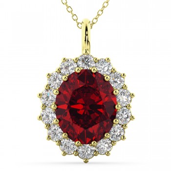 Oval Ruby & Diamond Halo Pendant Necklace 14k Yellow Gold (6.40ct)