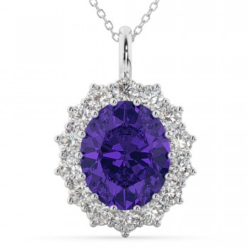 Oval Tanzanite & Diamond Halo Pendant Necklace 14k White Gold (6.40ct)