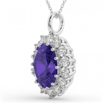 Oval Tanzanite & Diamond Halo Pendant Necklace 14k White Gold (6.40ct)