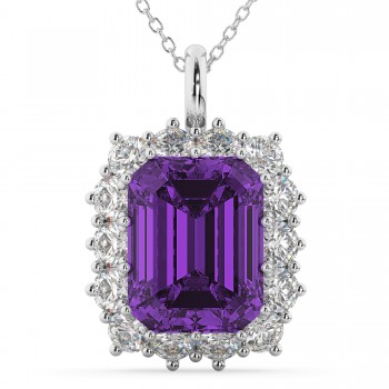 Emerald Cut Amethyst & Diamond Pendant 14k White Gold (5.68ct)