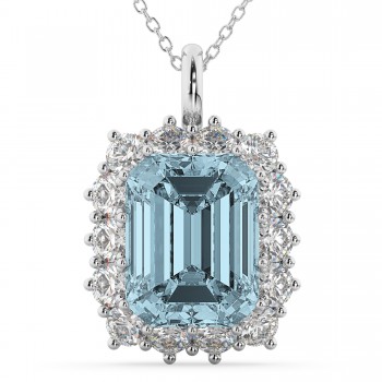 Emerald Cut Aquamarine & Diamond Pendant 14k White Gold (5.68ct)