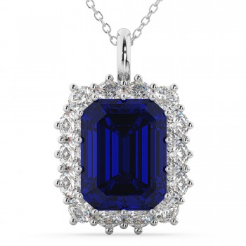 Emerald Cut Blue Sapphire & Diamond Pendant 14k White Gold (5.68ct)
