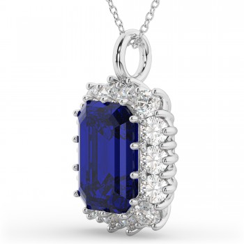 Emerald Cut Blue Sapphire & Diamond Pendant 14k White Gold (5.68ct)