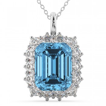 Emerald Cut Blue Topaz & Diamond Pendant 14k White Gold (5.68ct)