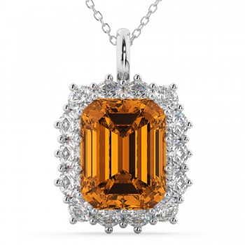 Emerald Cut Citrine & Diamond Pendant 14k White Gold (5.68ct)