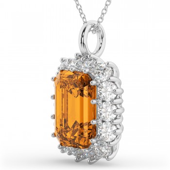 Emerald Cut Citrine & Diamond Pendant 14k White Gold (5.68ct)