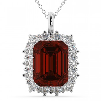 Emerald Cut Garnet & Diamond Pendant 14k White Gold (5.68ct)