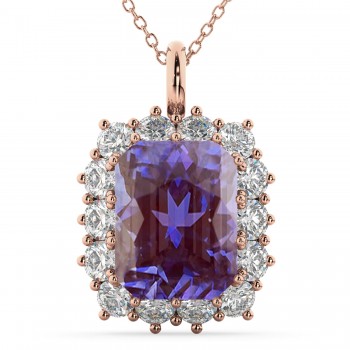 Emerald Cut Lab Grown Alexandrite & Diamond Pendant 14k Rose Gold (5.68ct)