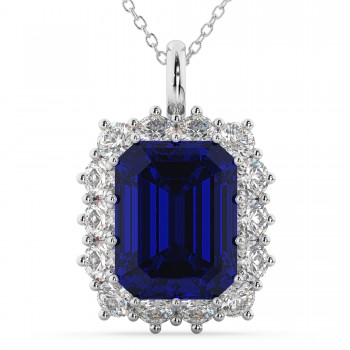 Emerald Cut Lab Grown Blue Sapphire & Diamond Pendant 14k White Gold (5.68ct)