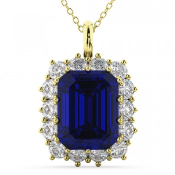 Emerald Cut Lab Grown Blue Sapphire & Diamond Pendant 14k Yellow Gold (5.68ct)