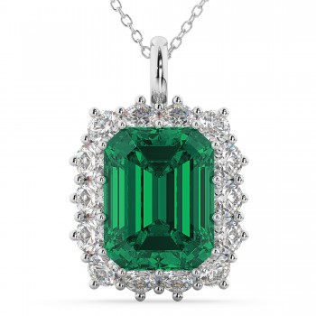 Emerald Cut Lab Grown Emerald & Diamond Pendant 14k White Gold (5.68ct)