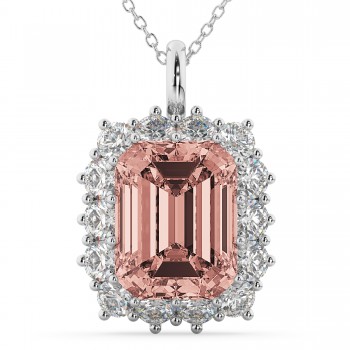 Emerald Cut Morganite & Diamond Pendant 14k White Gold (5.68ct)