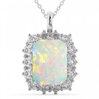 Emerald Cut Opal & Diamond Pendant 14k White Gold (5.68ct)