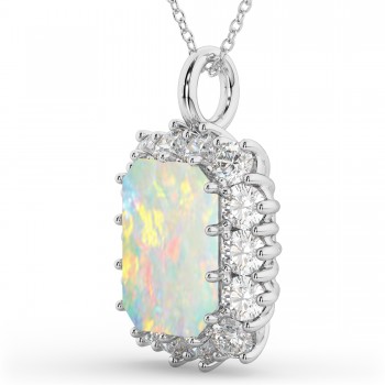 Emerald Cut Opal & Diamond Pendant 14k White Gold (5.68ct)