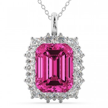 Emerald Cut Pink Tourmaline & Diamond Pendant 14k White Gold (5.68ct)