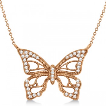 Diamond Monarch Butterfly Pendant Necklace 14k Rose Gold 0.20ctw