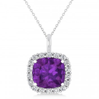 Cushion Cut Amethyst & Diamond Halo Pendant 14k White Gold (2.96ct)