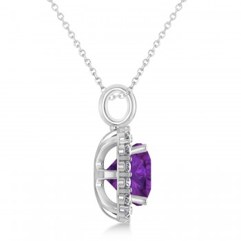 Cushion Cut Amethyst & Diamond Halo Pendant 14k White Gold (2.96ct)