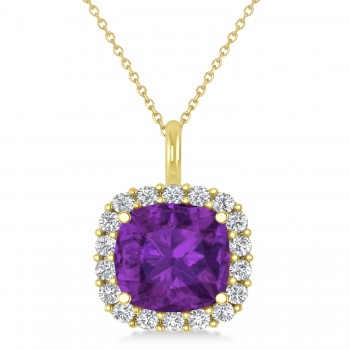 Cushion Cut Amethyst & Diamond Halo Pendant 14k Yellow Gold (2.96ct)