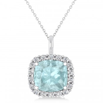 Cushion Cut Aquamarine & Diamond Halo Pendant 14k White Gold (2.96ct)