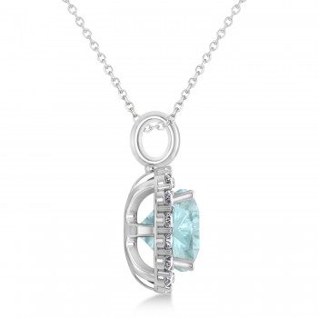 Cushion Cut Aquamarine & Diamond Halo Pendant 14k White Gold (2.96ct)