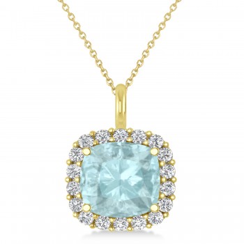 Cushion Cut Aquamarine & Diamond Halo Pendant 14k Yellow Gold (2.96ct)