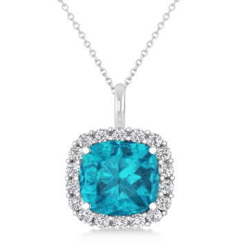 Cushion Cut Blue & White Diamond Halo Pendant 14k White Gold (2.76ct)