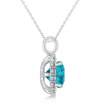 Cushion Cut Blue & White Diamond Halo Pendant 14k White Gold (2.76ct)