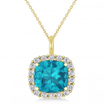 Cushion Cut Blue & White Diamond Halo Pendant 14k Yellow Gold (2.76ct)