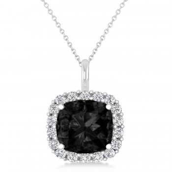 Cushion Cut Black & White Diamond Halo Pendant 14k White Gold (2.76ct)