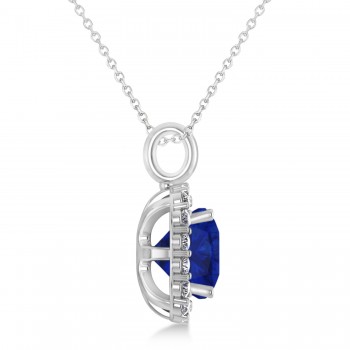 Cushion Cut Blue Sapphire & Diamond Halo Pendant 14k White Gold (2.96ct)