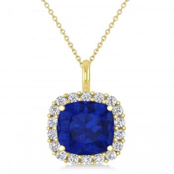 Cushion Cut Blue Sapphire & Diamond Halo Pendant 14k Yellow Gold (2.96ct)