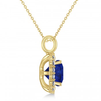 Cushion Cut Blue Sapphire & Diamond Halo Pendant 14k Yellow Gold (2.96ct)