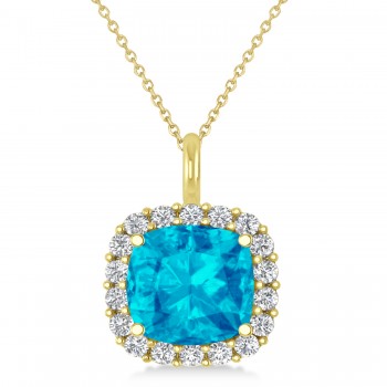 Cushion Cut Blue Topaz & Diamond Halo Pendant 14k Yellow Gold (2.96ct)