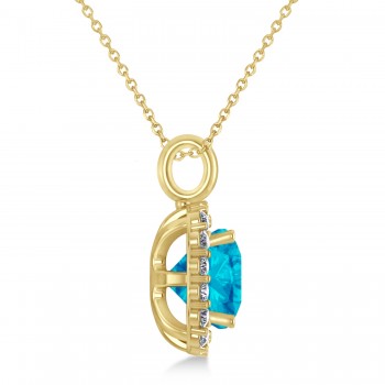 Cushion Cut Blue Topaz & Diamond Halo Pendant 14k Yellow Gold (2.96ct)