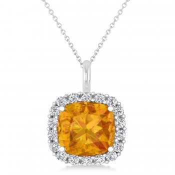 Cushion Cut Citrine & Diamond Halo Pendant 14k White Gold (2.96ct)