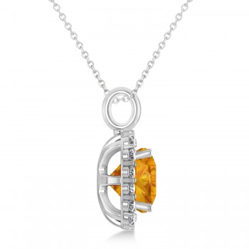 Cushion Cut Citrine & Diamond Halo Pendant 14k White Gold (2.96ct)