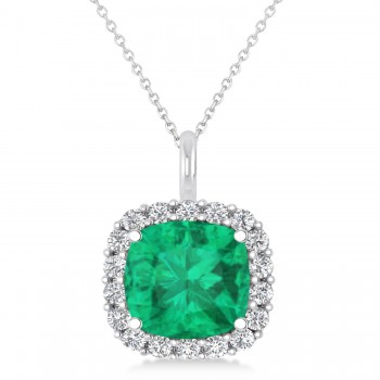 Cushion Cut Emerald & Diamond Halo Pendant 14k White Gold (2.96ct)