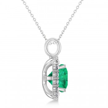 Cushion Cut Emerald & Diamond Halo Pendant 14k White Gold (2.96ct)