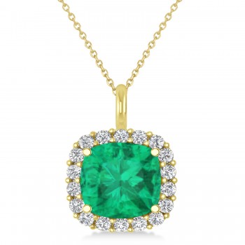 Cushion Cut Emerald & Diamond Halo Pendant 14k Yellow Gold (2.96ct)