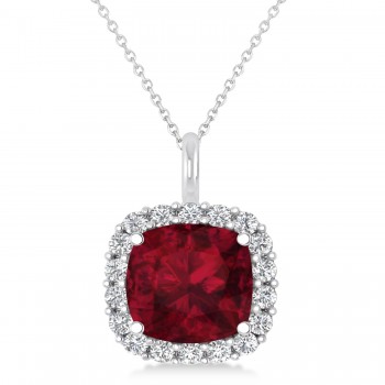 Cushion Cut Garnet & Diamond Halo Pendant 14k White Gold (2.96ct)