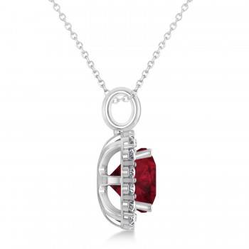 Cushion Cut Garnet & Diamond Halo Pendant 14k White Gold (2.96ct)