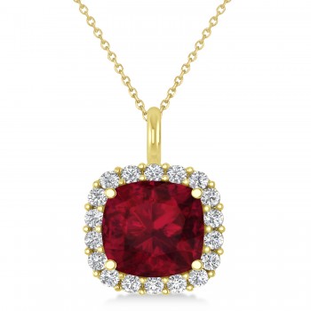 Cushion Cut Garnet & Diamond Halo Pendant 14k Yellow Gold (2.96ct)