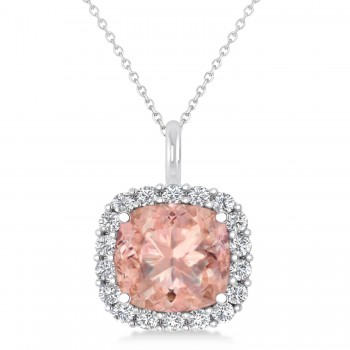 Cushion Cut Morganite & Diamond Halo Pendant 14k White Gold (2.96ct)