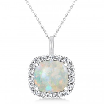 Cushion Cut Opal & Diamond Halo Pendant 14k White Gold (2.96ct)