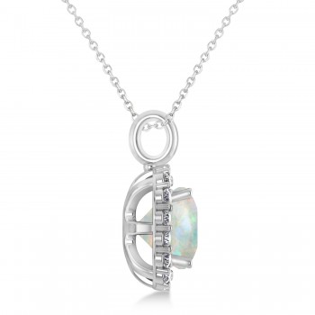 Cushion Cut Opal & Diamond Halo Pendant 14k White Gold (2.96ct)