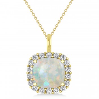 Cushion Cut Opal & Diamond Halo Pendant 14k Yellow Gold (2.96ct)