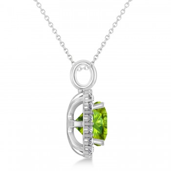 Cushion Cut Peridot & Diamond Halo Pendant 14k White Gold (2.96ct)